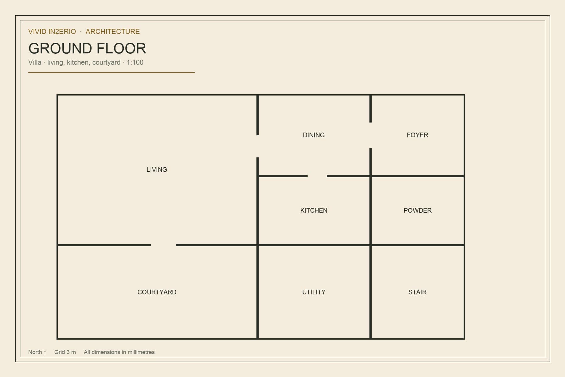 Ground-floor villa plan — living, kitchen, courtyard