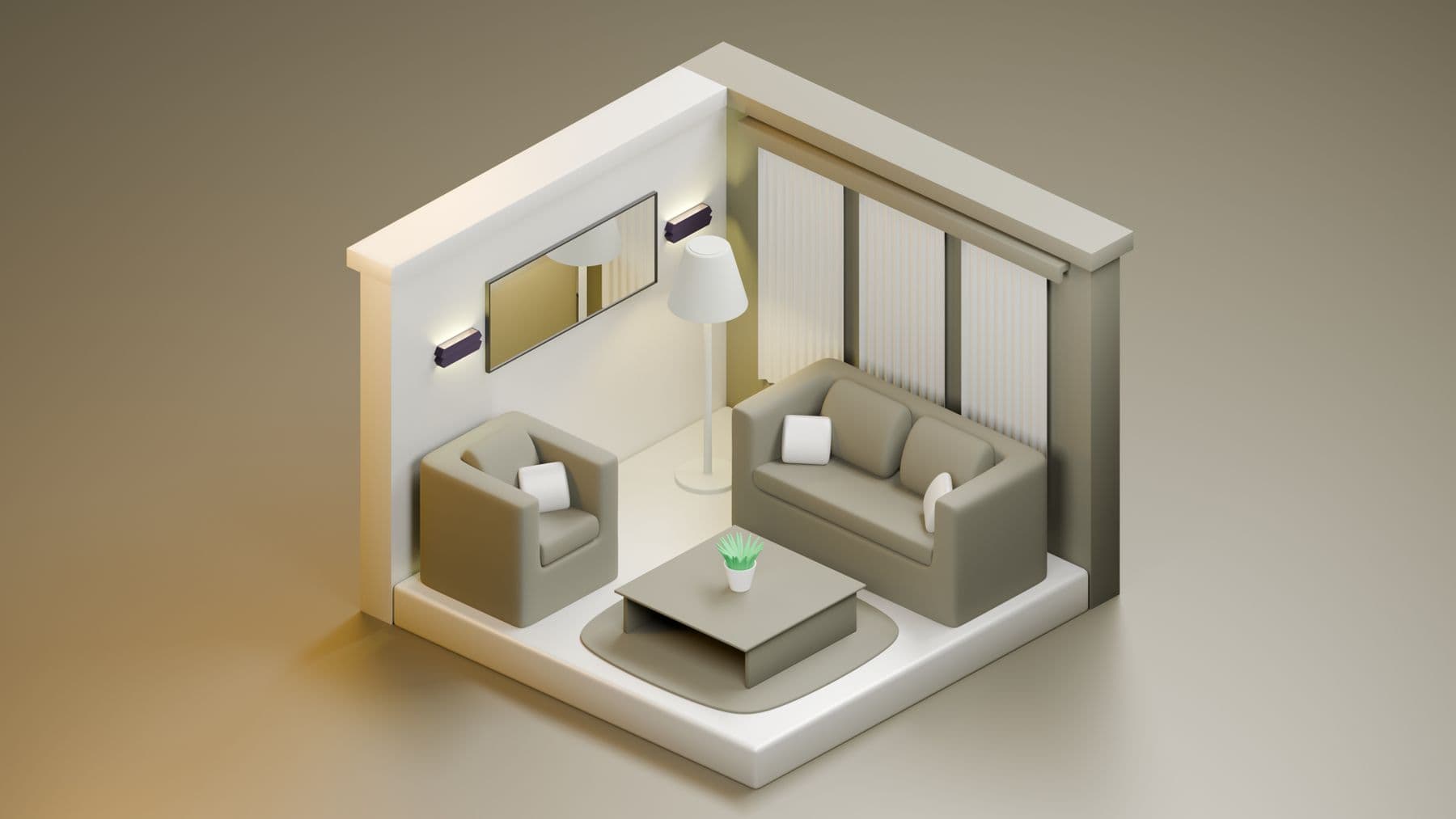 Isometric 3D living-room volume in a cooler palette