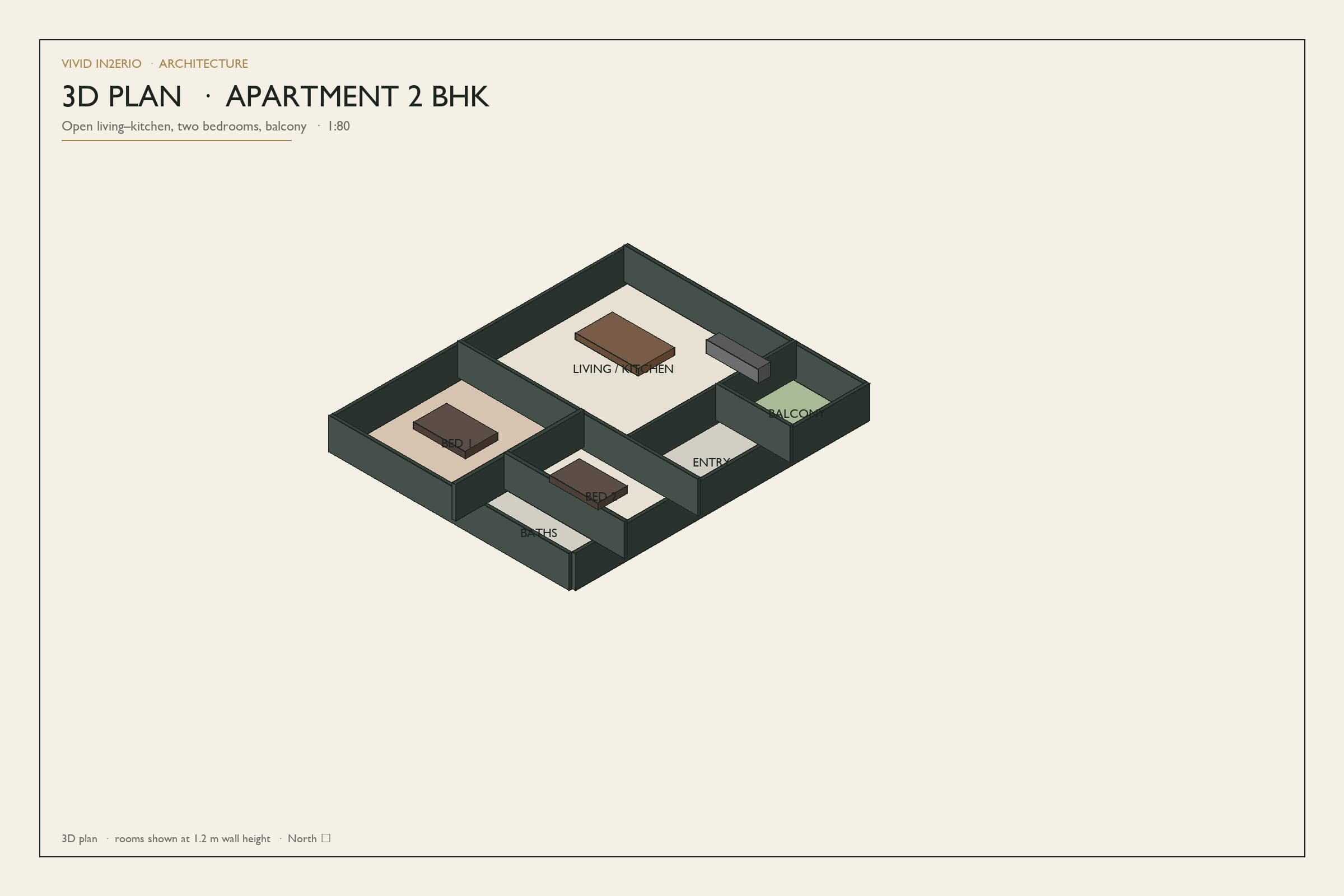 3D axonometric 2 BHK apartment plan with balcony