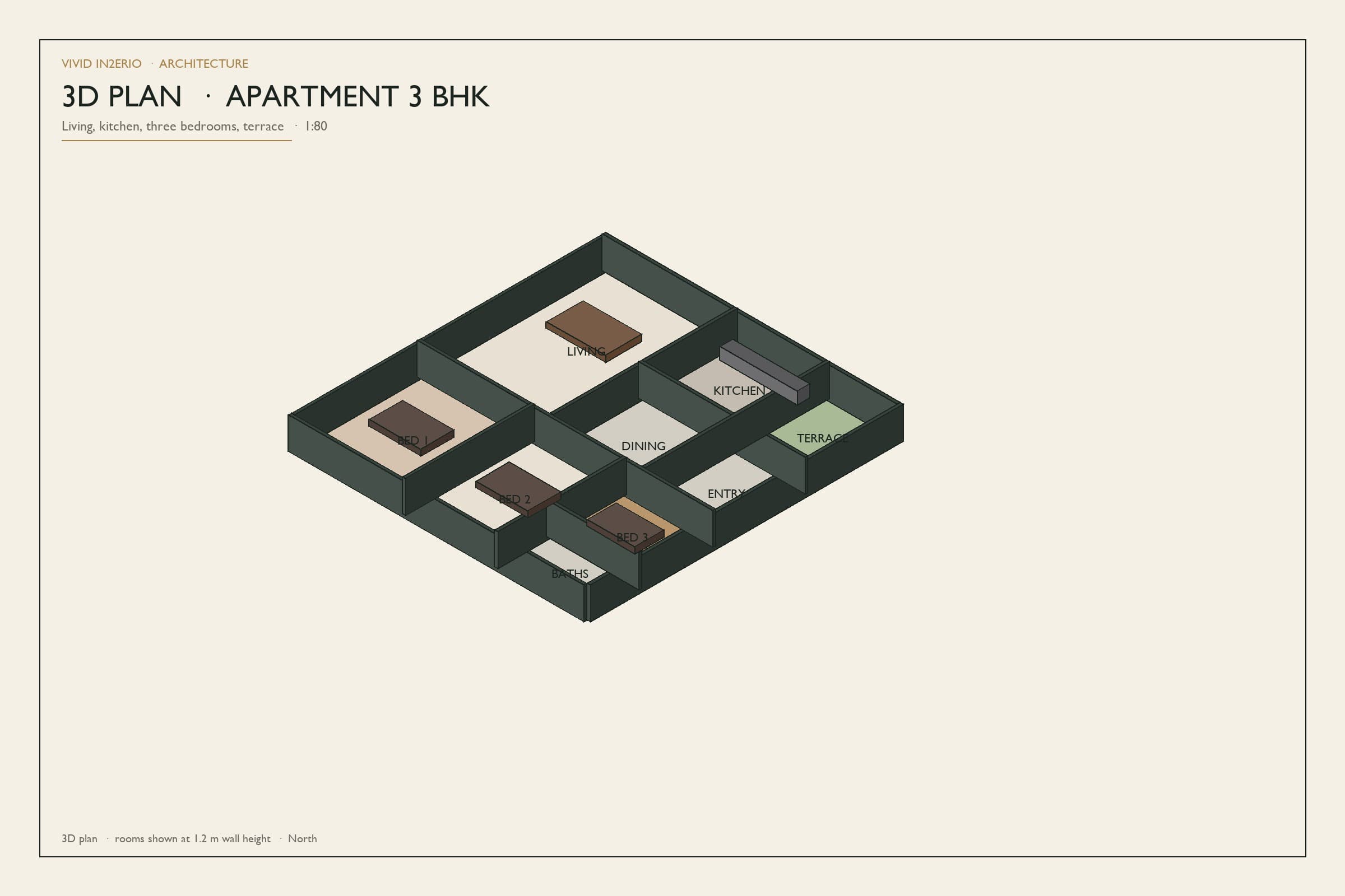 3D axonometric 3 BHK apartment plan with terrace