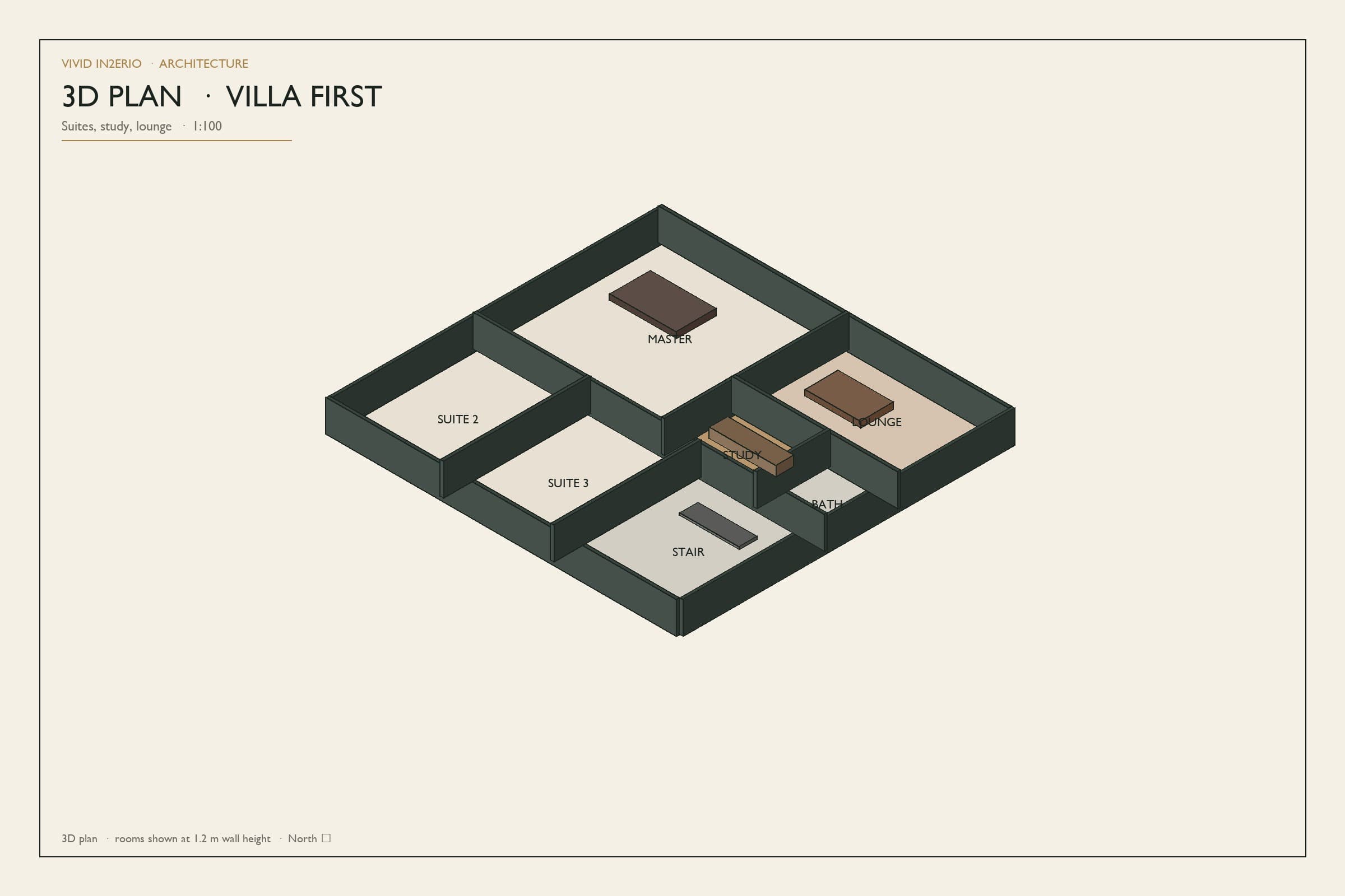 3D axonometric villa first-floor plan