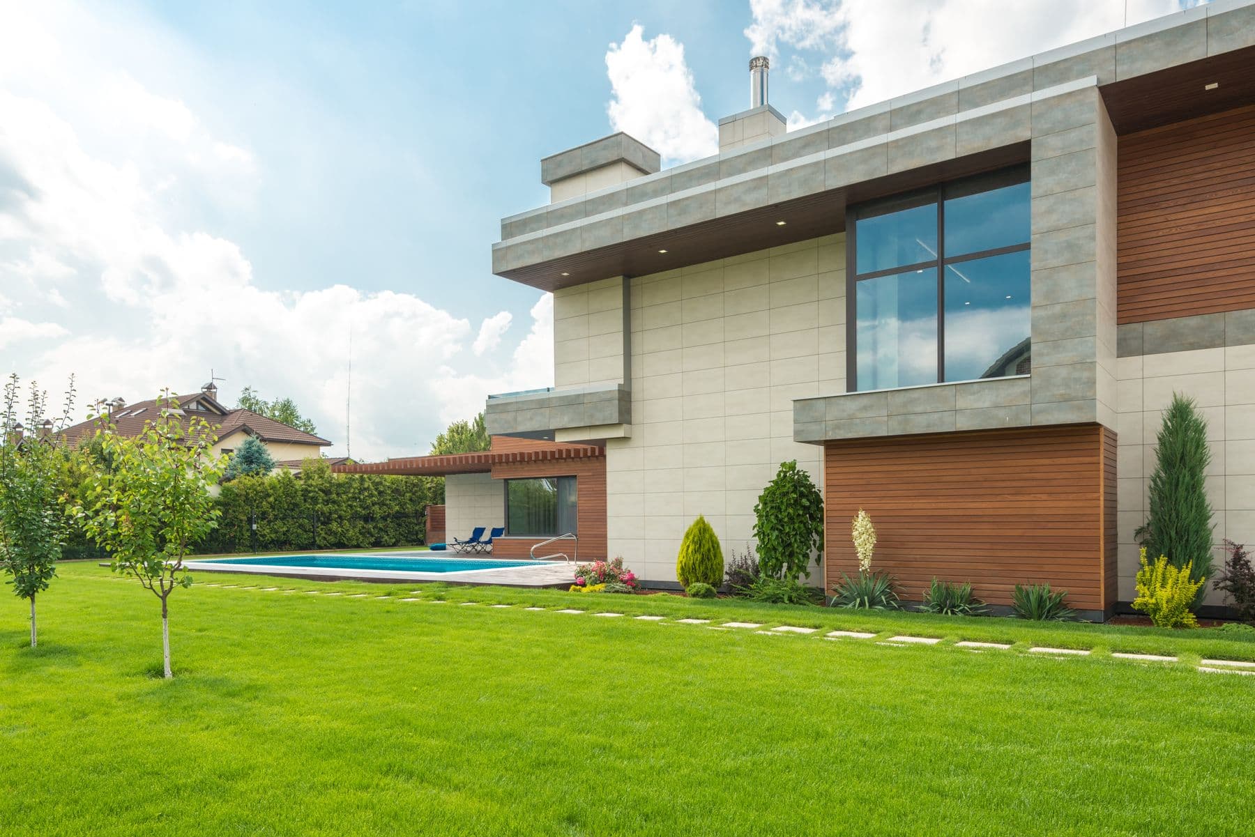 Villa lawn, planting, and pool court