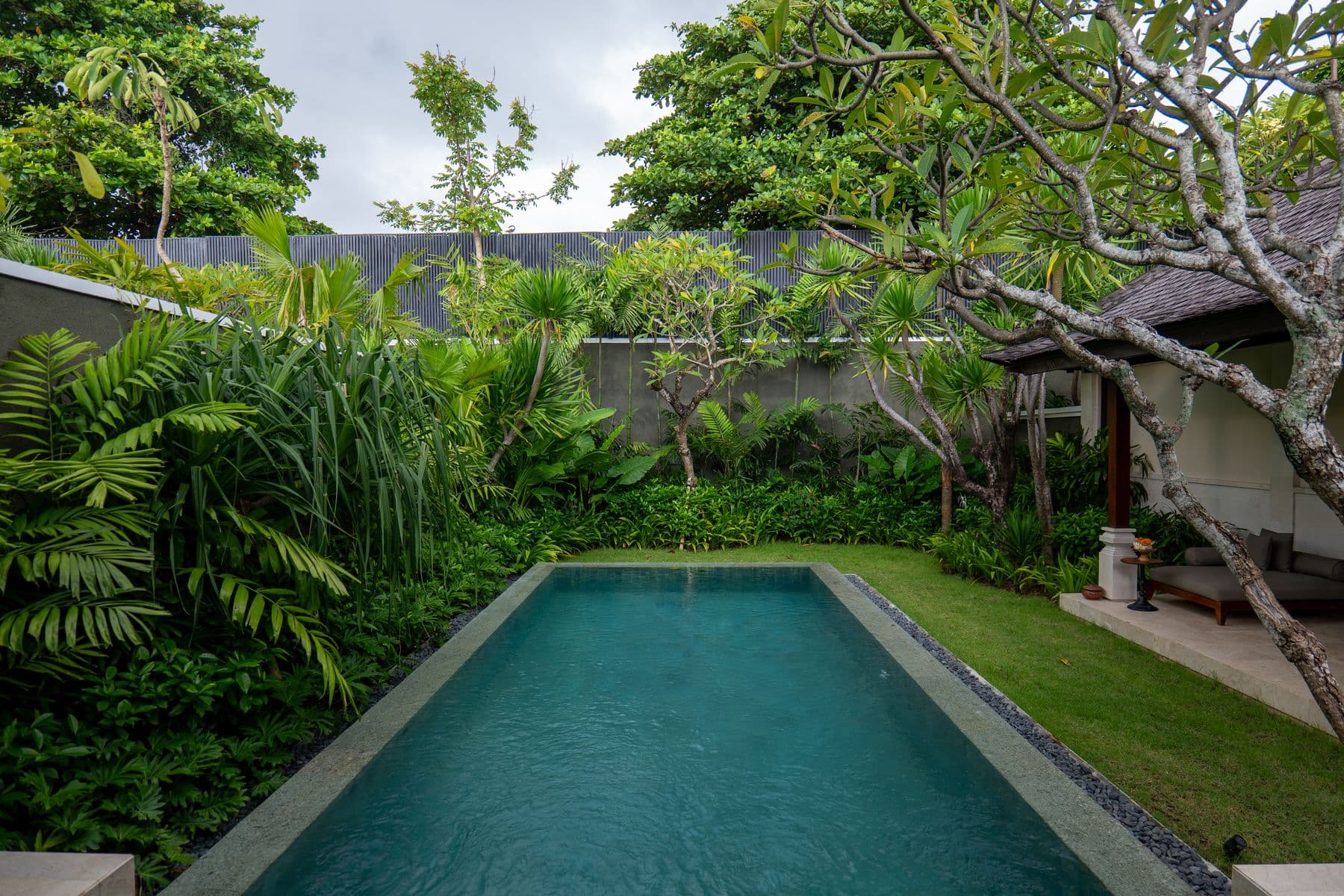 Tropical villa pool court with dense planting