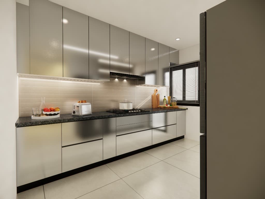 Skypark apartment interiors — living, kitchen, and bedrooms — still 8