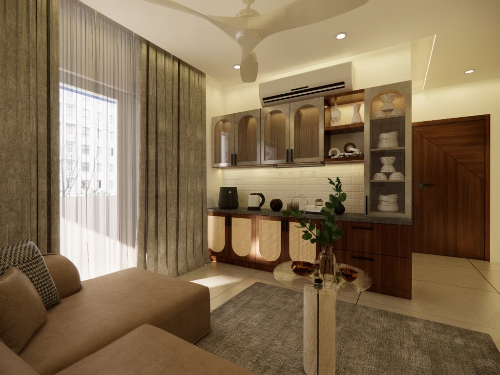 Skypark apartment interiors — living, kitchen, and bedrooms — still 7