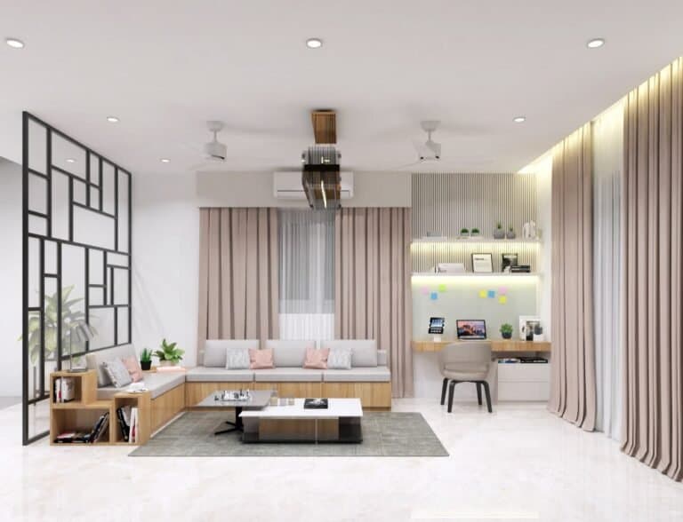 Architectural interior render — living volume