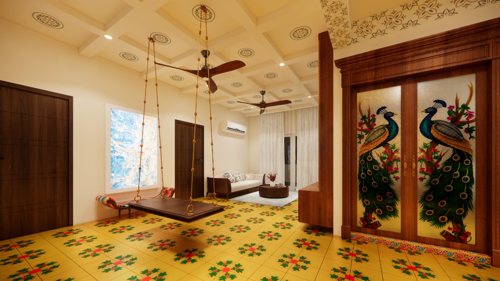 Living hall with hanging swing, patterned floor, and peacock wardrobe — Vivid In2erio interior